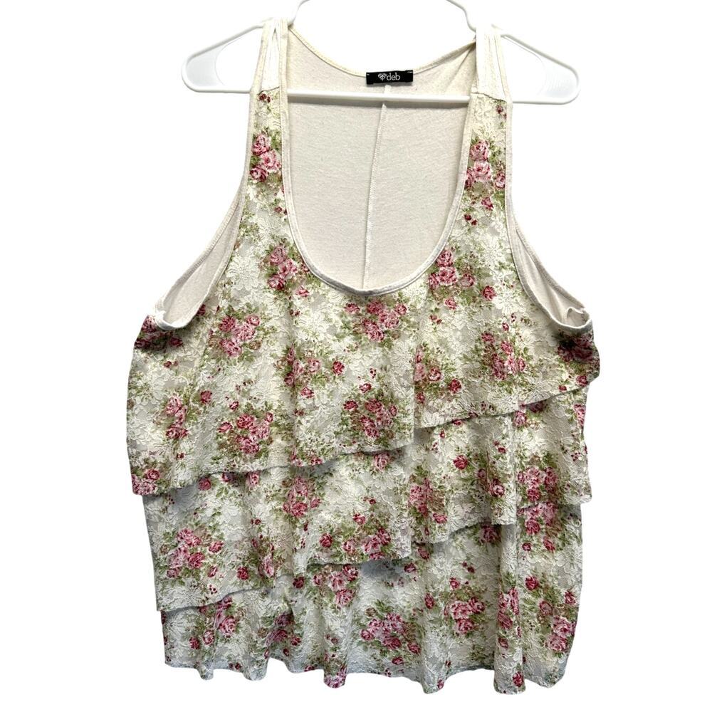 Vintage Y2K DEB Tank Top T Shirt‎ Lace Layered Ruffles Coquette Fairy Floral
